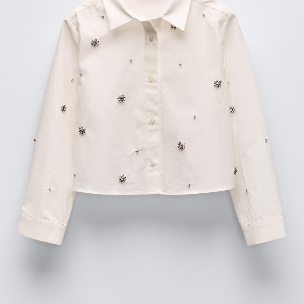 Zara Cream Textured Button Down Shirt Jeweled Poplin Sz 8 Girl